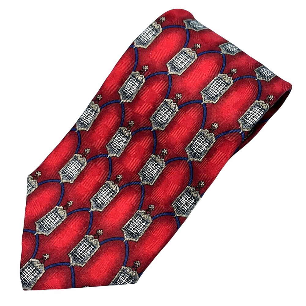JZ RICHARDS Red/Blue ART DECO GOTHIC ARCH PRINT Hand Made SILK Men's NECK TIE